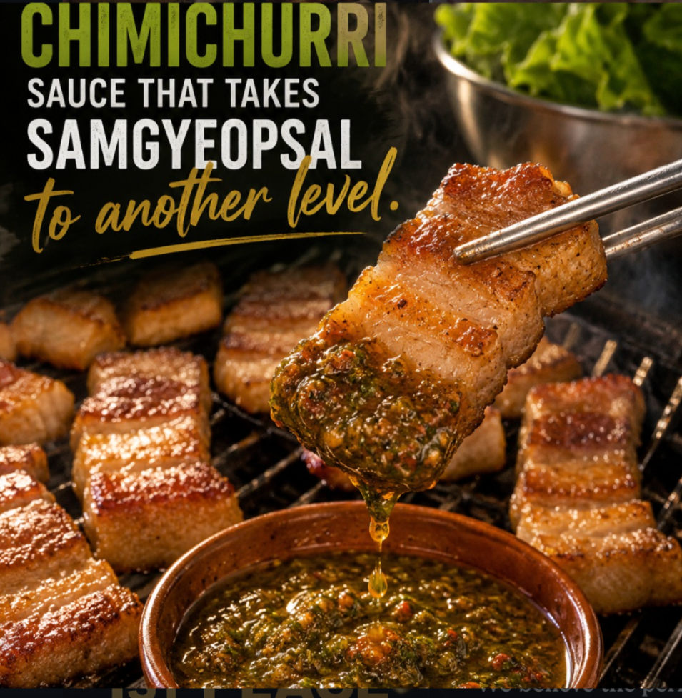 Grilled pork belly with Chimichurri sauce being lifted with chopsticks over a bowl of sauce on a grill, with promotional text reading 'CHIMICHURRI SAUCE THAT TAKES SAMGYEOPSAL to another level.'.